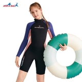 Bộ bơi giữ nhiệt bé gái, màu đen hồng, dài tay dáng liền, vải dày 2.5mm, Dive & Sail
