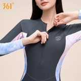 Bộ bơi nữ chống nắng, dài tay màu xám,  tay xanh, vải kháng Clo, UPF 50+, 361