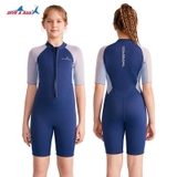Bộ bơi giữ nhiệt bé gái ngắn tay dáng liền thân màu xanh than vải dày 2.5mm Dive & Sail