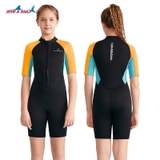 Bộ bơi giữ nhiệt bé gái, màu đen tay vàng, vải giữ nhiệt 2.5mm, Dive & Sail