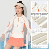 Bộ bơi bé gái dài tay, vải cao cấp chống nắng UPF50+, kháng Clo, màu trắng cam, YUKE