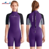 Bộ bơi giữ nhiệt bé gái, cộc tay, màu tím, vải dày 2.5mm, Dive & Sail