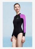Bộ bơi giữ nhiệt nữ, liền dài tay, đen tím, vải dày 2mm, Dive & Sail