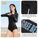 Bộ bơi nữ 361 dài tay liền thân, chống nắng UPF 50+, kháng Clo, màu đen