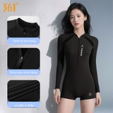 Bộ bơi nữ 361 dài tay liền thân, màu đen tôn dáng, chống nắng UPF 50+, co giãn thoáng khí