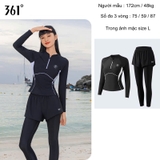 Bộ bơi nữ 361, dài tay chân, chống nắng UPF 50+, màu đen, quần liền 2 lớp