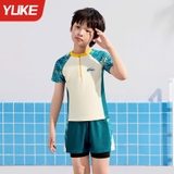Bộ bơi bé trai chống nắng UPF 50+, kháng Clo, cộc tay, trắng xanh, big size, Yuke