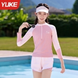 Bộ bơi bé gái dài tay chống nắng UPF 50+, kháng Clo, hồng, quần 2 lớp Yuke