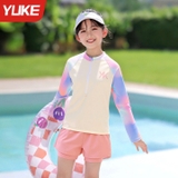 Bộ bơi bé gái hồng tím dài tay chống nắng UPF 50+, kháng Clo, quần 2 lớp Yuke