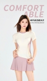 Bộ bơi nữ cộc tay tím trắng Yuke chống nắng UPF50+ chân váy tôn dáng co giãn