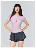 Bộ bơi nữ cộc tay chống nắng UPF50+ co giãn, màu hồng tím, quần 2 lớp Yuke