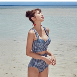 Bộ đồ bơi bikini 2 mảnh cạp cao  đẩy ngực phong cách retro kẻ caro xanh