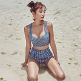 Bộ đồ bơi bikini 2 mảnh cạp cao  đẩy ngực phong cách retro kẻ caro xanh