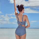 Bộ đồ bơi bikini 2 mảnh cạp cao  đẩy ngực phong cách retro kẻ caro xanh