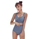 Bộ đồ bơi bikini 2 mảnh cạp cao  đẩy ngực phong cách retro kẻ caro xanh