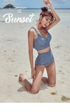 Bộ đồ bơi bikini 2 mảnh cạp cao  đẩy ngực phong cách retro kẻ caro xanh