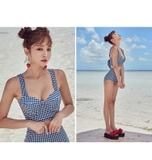 Bộ đồ bơi bikini 2 mảnh cạp cao  đẩy ngực phong cách retro kẻ caro xanh