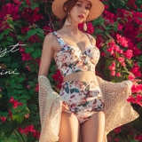 Bộ đồ bơi Hàn Quốc bikini 2 mảnh cạp cao  đẩy ngực phong cách retro hoa