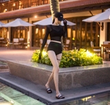 Bộ đồ bơi Hàn Quốc bikini 3 mảnh cạp cao sexy có áo lưới màu đen