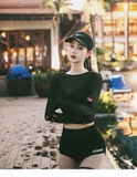 Bộ đồ bơi Hàn Quốc bikini 3 mảnh cạp cao sexy có áo lưới màu đen