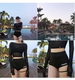Bộ đồ bơi Hàn Quốc bikini 3 mảnh cạp cao sexy có áo lưới màu đen
