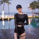 Bộ đồ bơi Hàn Quốc bikini 3 mảnh cạp cao sexy có áo lưới màu đen