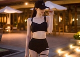 Bộ đồ bơi Hàn Quốc bikini 3 mảnh cạp cao sexy có áo lưới màu đen