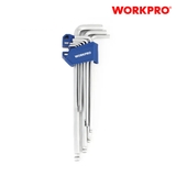 Bộ lục giác S2 đầu Bi, kiếu chữ L, loại dài, 9 cái hệ mét(1.5,2,2.5,3,4,5,6,8,10), thép hợp kim CR-V Workpro - WP222035