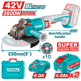 Máy Mài Góc Dùng Pin TOTAL TAGLI4260182 230mm 42V Kèm 2 Pin 4.0Ah Và Sạc