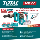 Máy đục bê tông 35mm không chổi than dùng pin 42V TOTAL TDBLI423582