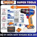 Bộ 91 Món Máy Khoan Búa Nhỏ Gọn Không Chổi Than Dùng Pin 20V-62Nm (kèm 2 Pin 2.0Ah ) WADFOW WDT4B91