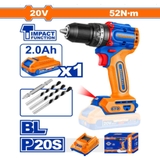 Máy Khoan Búa Nhỏ Gọn Không Chổi Than Dùng Pin 20V-52Nm (Kèm 1 Pin 2.0Ah ) WADFOW WCDP5282