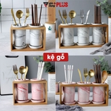 🔴OUTLET | Kệ đựng ống đũa bằng gốm sứ - kệ gỗ, có đĩa hứng nước sạch sẽ phong cách Bắc Âu – ảnh 2