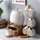 Bộ Chum Đựng Nước Sứ Có Vòi 3 Lít Kèm Kệ Gỗ & 6 Cốc Sứ Màu Trắng Cao Cấp – ảnh 3