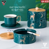 Gạt tàn thuốc lá sứ - xanh cổ vịt – kèm nắp gỗ – phong cách Bắc Âu Qianhuiju (QH-0602) – ảnh 1