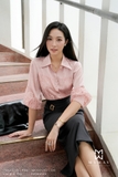 (2 màu) Áo sơ mi suông vừa cổ Đức dài ngang mông