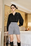 (2 màu) Quần short cạp cao ống rộng Houndstooth