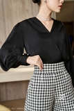 (2 màu) Quần short cạp cao ống rộng Houndstooth