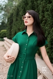 (2 màu) Đầm sơ mi xòe rủ tay chờm có đai