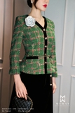 Áo vest dạ tweed kẻ ô phối viền nhung