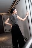 Quần nhung dáng suông ống rộng cạp cao