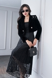 Chân váy xòe dập ly ren lưới