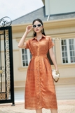 Đầm sơ mi vai chờm hạo tiết kẻ