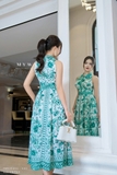 Đầm sơ mi sát nách họa tiết