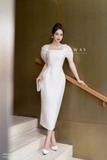 (2 màu) Đầm ôm cổ vuông tay bồng