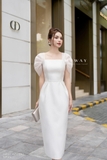 (2 màu) Đầm ôm cổ vuông tay bồng