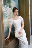 (2 màu) Đầm ôm cổ vuông tay bồng
