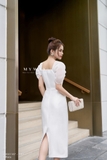 (2 màu) Đầm ôm cổ vuông tay bồng