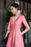 (4 màu) Đầm xòe công sở cổ vest kèm phụ kiện đai