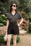 Áo cotton suông cổ tim kẻ ngang